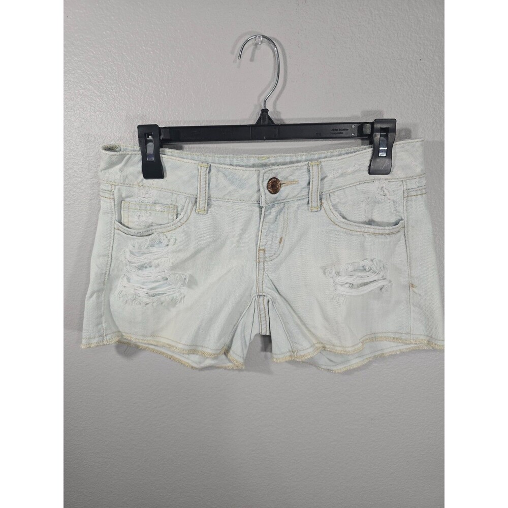 American Eagle Light wash Low rise Denim Mini Shorts Size 10 Distressed Y2K AC